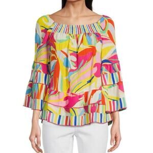 John Mark Abstract Wave Smocked Round Neck 3/4 Bell Sleeve Ruffled Tunic Sz 2X